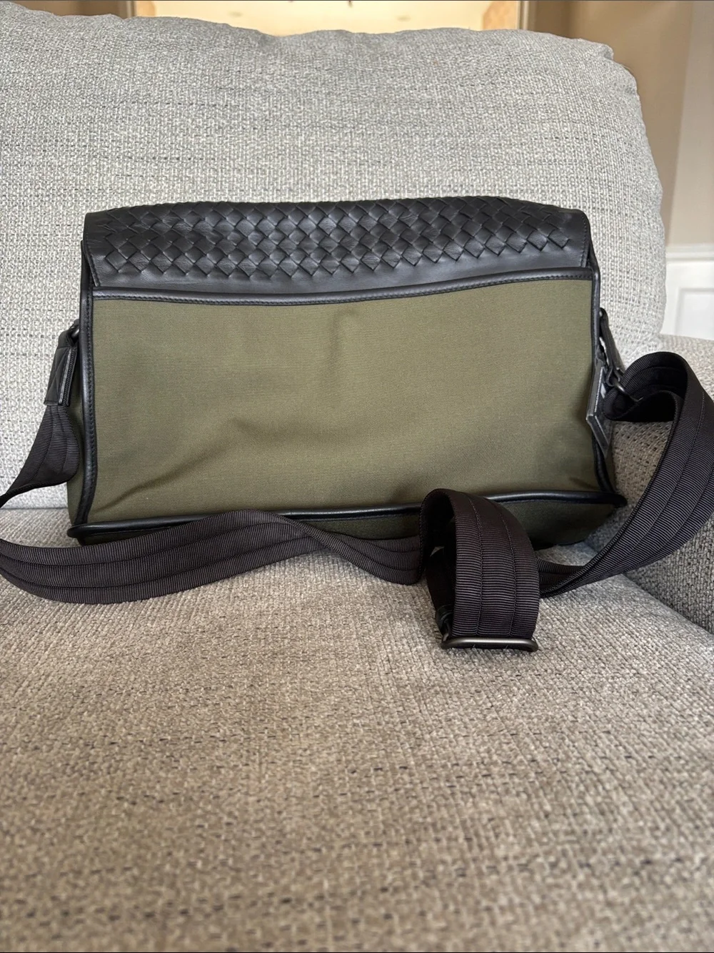 Bottega Veneta Olive and Black Woven Flap Messenger Bag